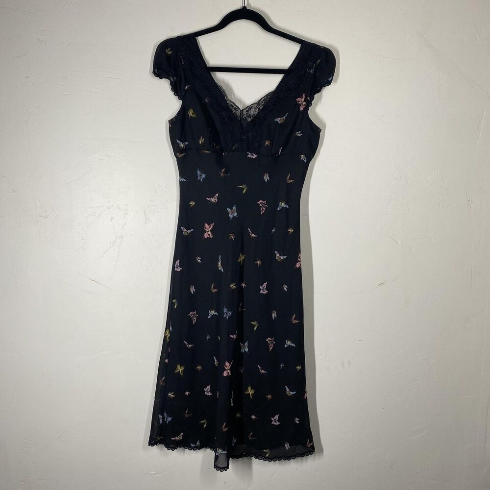 Vtg Speechless Y2K Dress Juniors 9 Black Butterfly Print Chiffon Lace Slip Lined